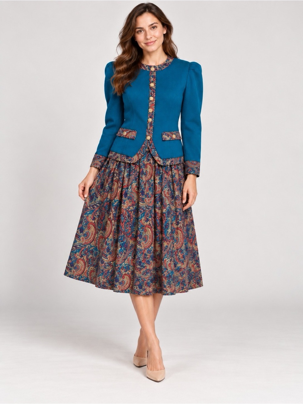 Teal Paisley Midi Skirt — Women's Teal Patterned Midi Skirt